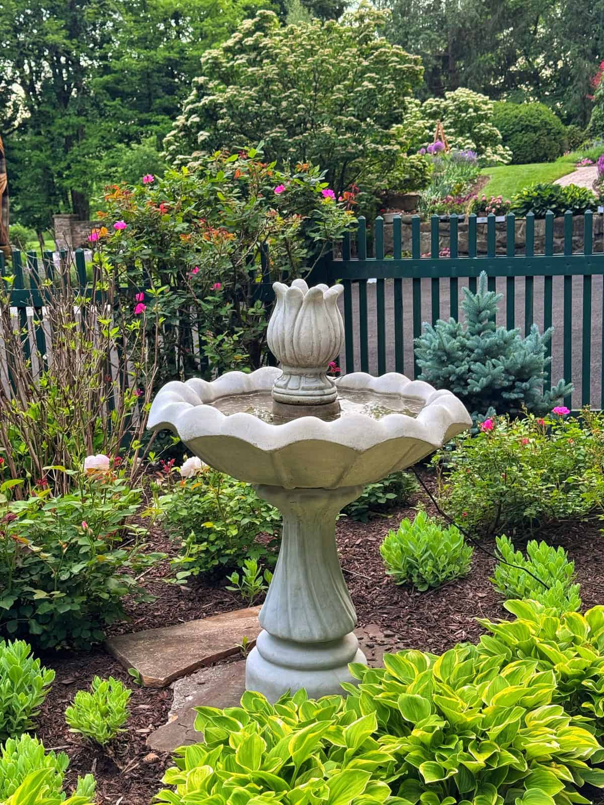 A stone birdbath with a decorative top stands in a lush garden, surrounded by green shrubs, blooming flowers, and a dark green picket fence with trees and plants in the background.
