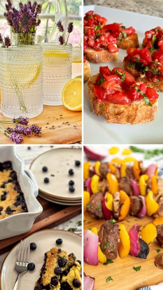 A collage of four images: sparkling drinks with lemon and lavender, tomato bruschetta on bread, blueberry cobbler with fresh blueberries, and colorful beef and vegetable skewers&mdash;perfect garden-to-table BBQ recipes.