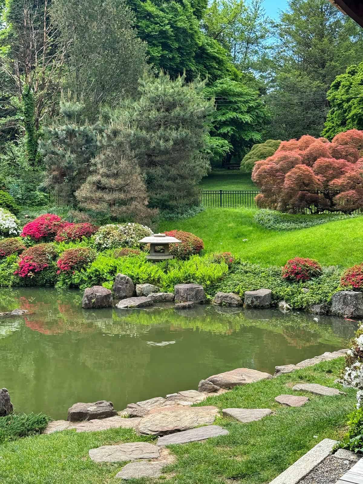 A serene Japanese garden with a small pond, stone path, lush green grass, colorful flowering bushes, and a stone lantern surrounded by various trees and shrubs.