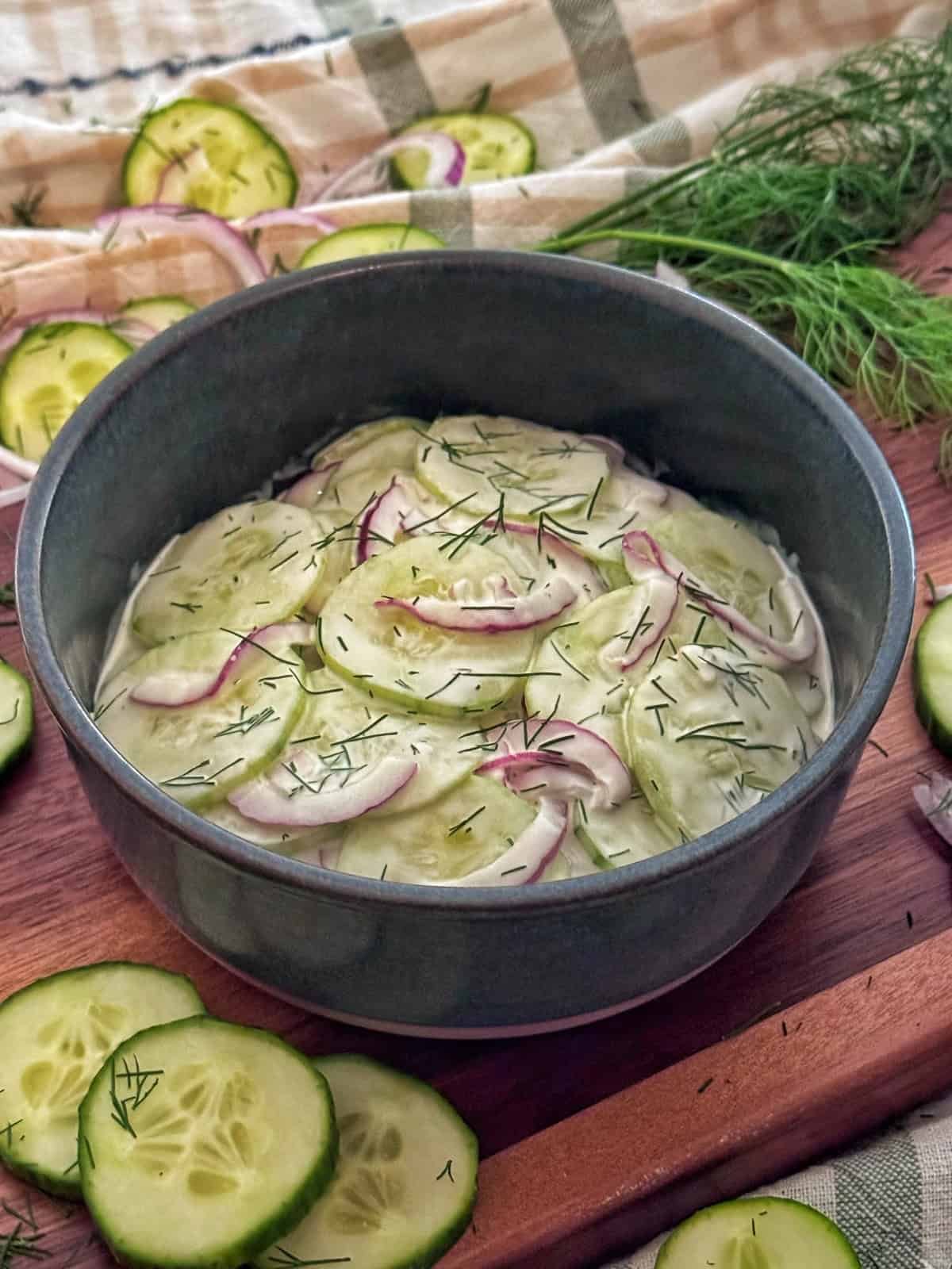 A bowl of cucumber and red onion salad garnished with fresh dill sits on a wooden board, surrounded by cucumber slices and a sprig of dill. A checkered cloth is in the background.