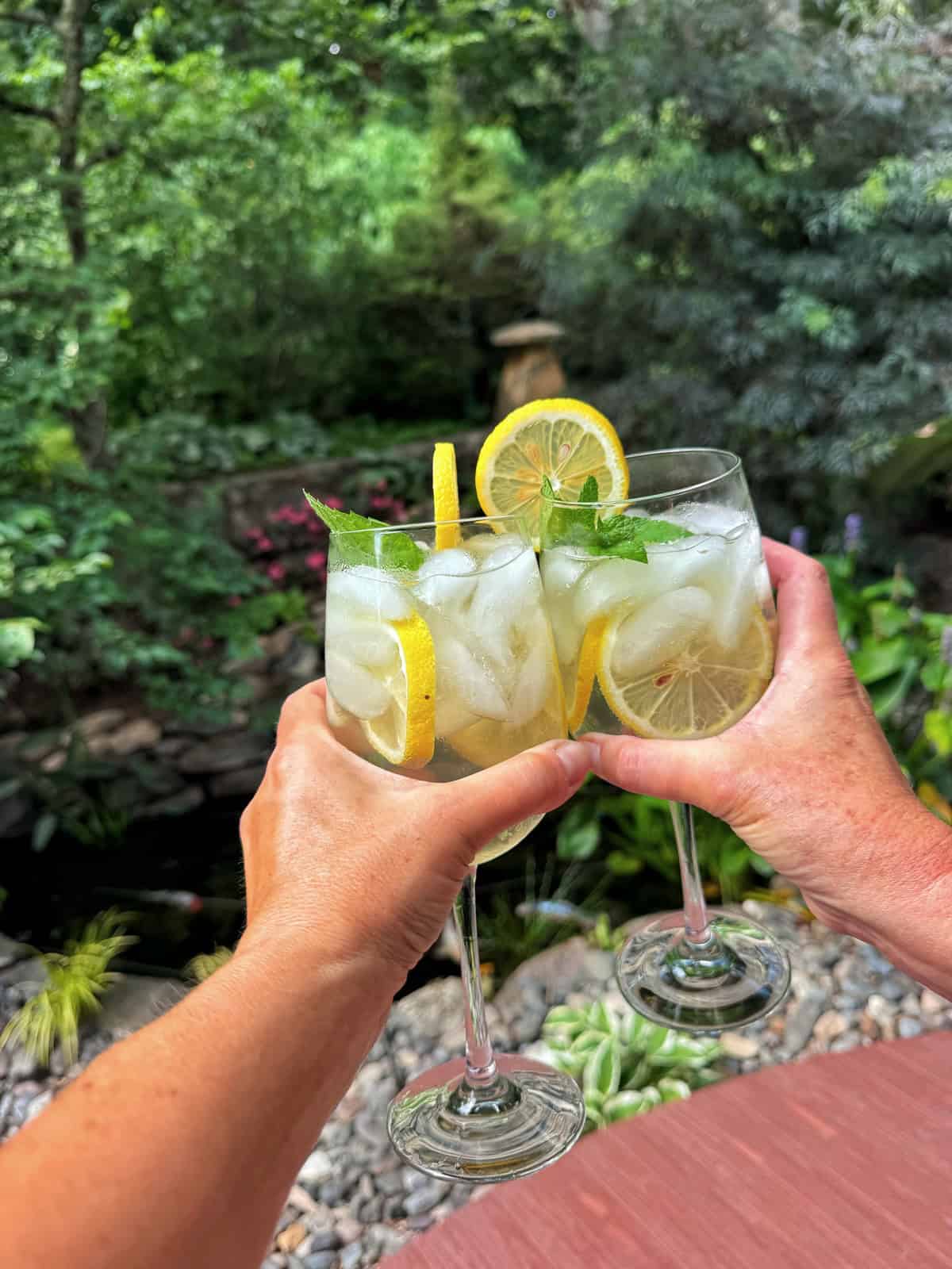 Two hands hold up glasses of iced drinks garnished with lemon slices and mint, against a lush green garden background. The table is wooden, and the scene feels summery and refreshing.