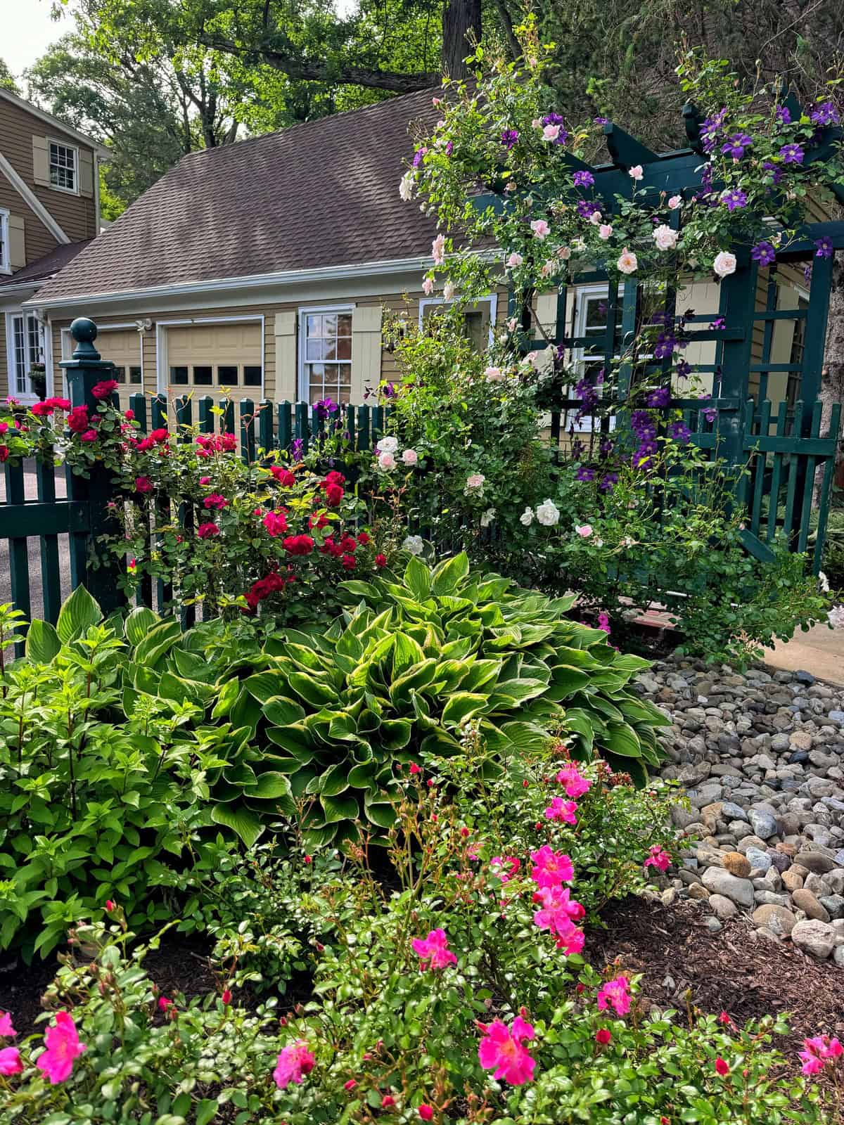 A lush garden with blooming pink, white, and purple flowers, green leafy plants, and a rock border in front of a yellow house with a picket fence and garage in the background.