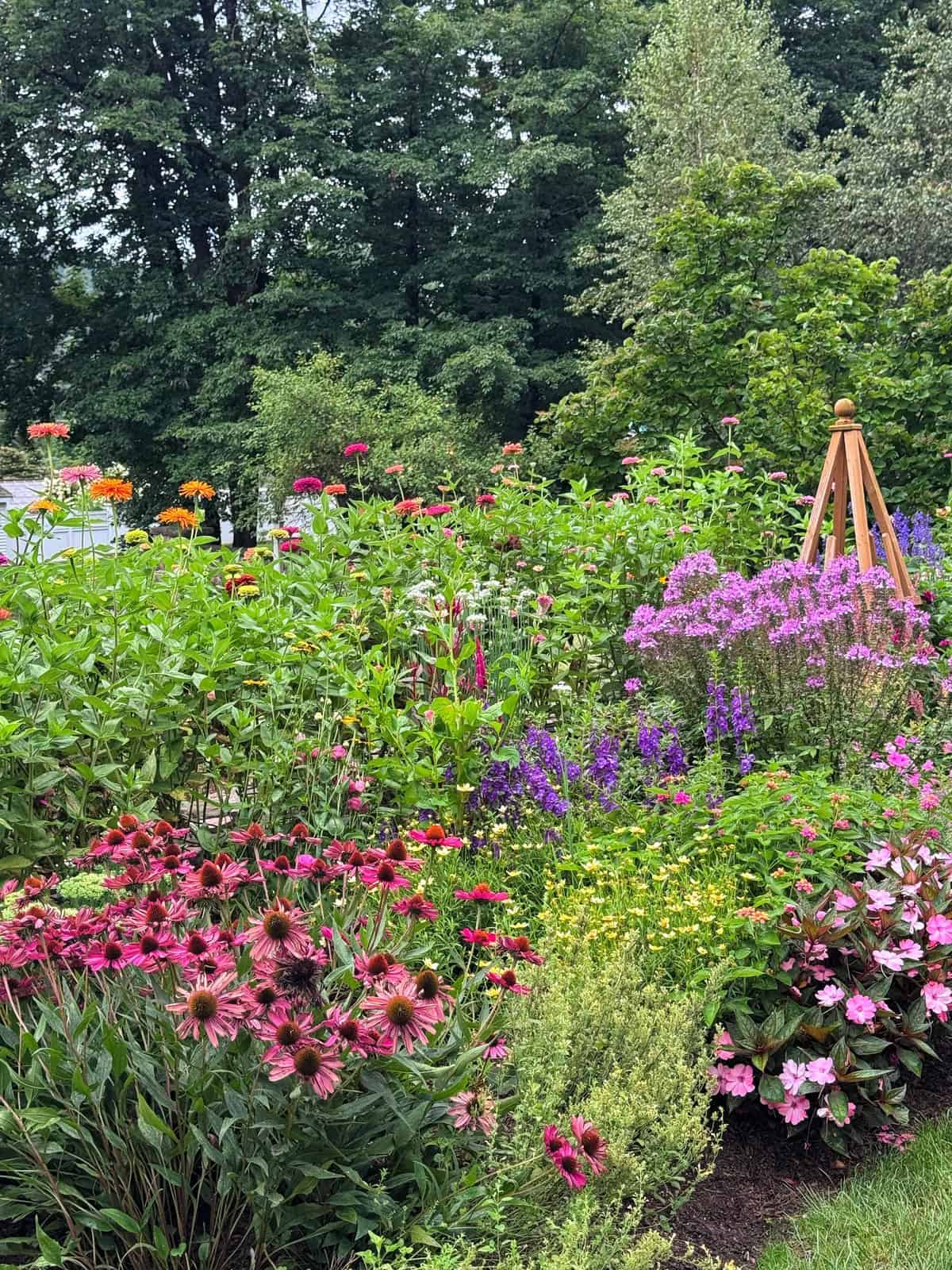 A colorful garden with blooming flowers including pink, purple, orange, and yellow varieties. Green shrubs and a small wooden trellis are visible, with tall trees in the background.