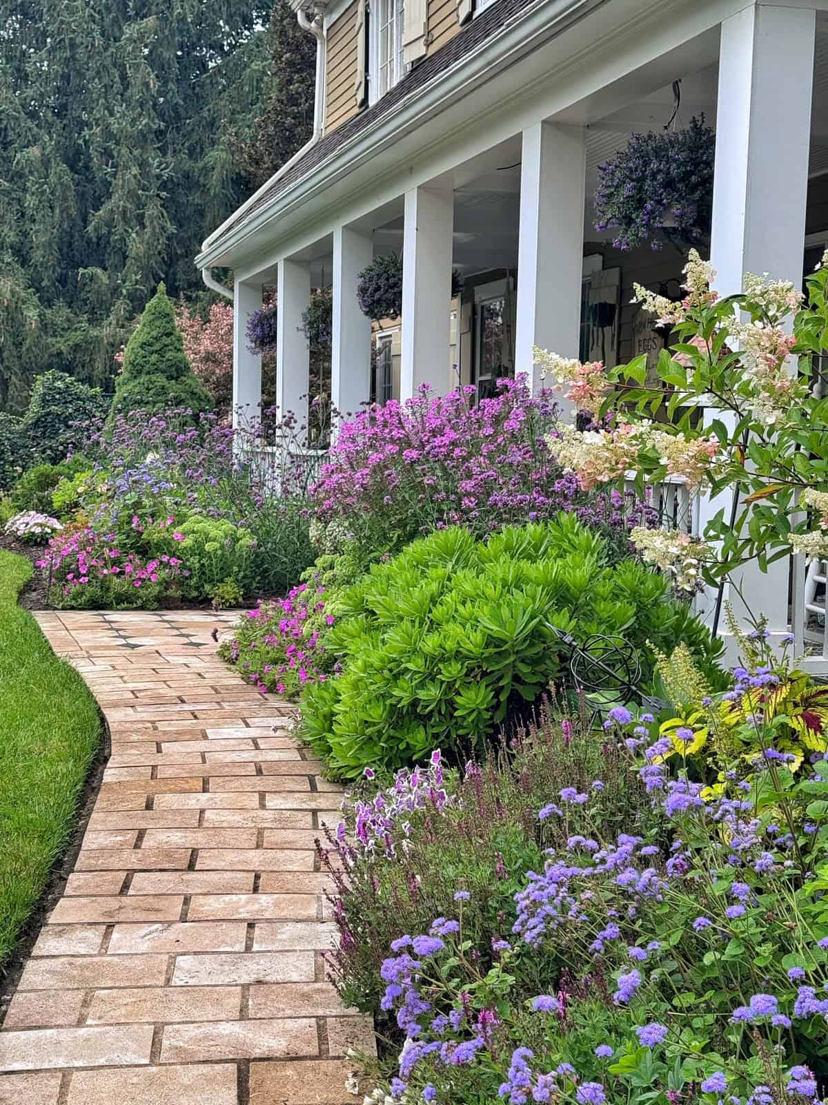 A brick path curves by a house with white columns and a porch, surrounded by lush green plants and colorful blooming flowers in purple, pink, and white. Hanging baskets add extra color to the porch area.