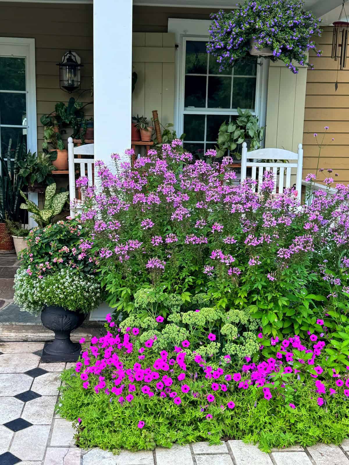 A porch with white chairs, potted plants, and hanging flowers is surrounded by a lush garden featuring bright pink and purple flowers and green foliage.