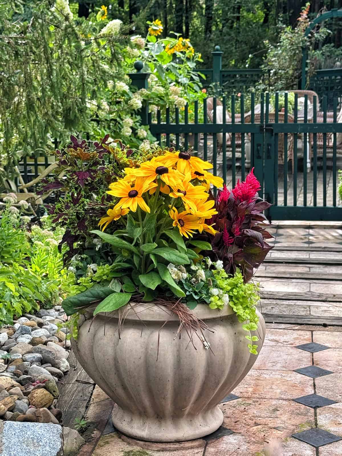A stone planter filled with yellow and red flowers sits on a patio, surrounded by green plants and rocks, with a green fence and garden visible in the background.