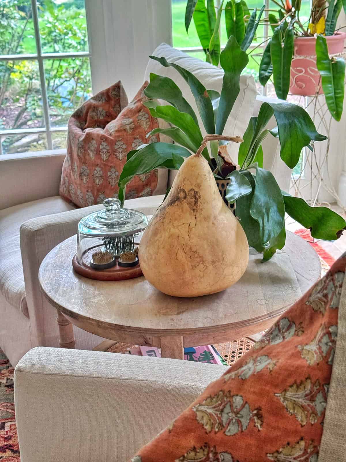 A cozy living room corner with cream armchairs, orange patterned pillows, a round wooden table holding a large gourd, a leafy plant, and a glass cloche. Greenery is visible outside the window in the background.