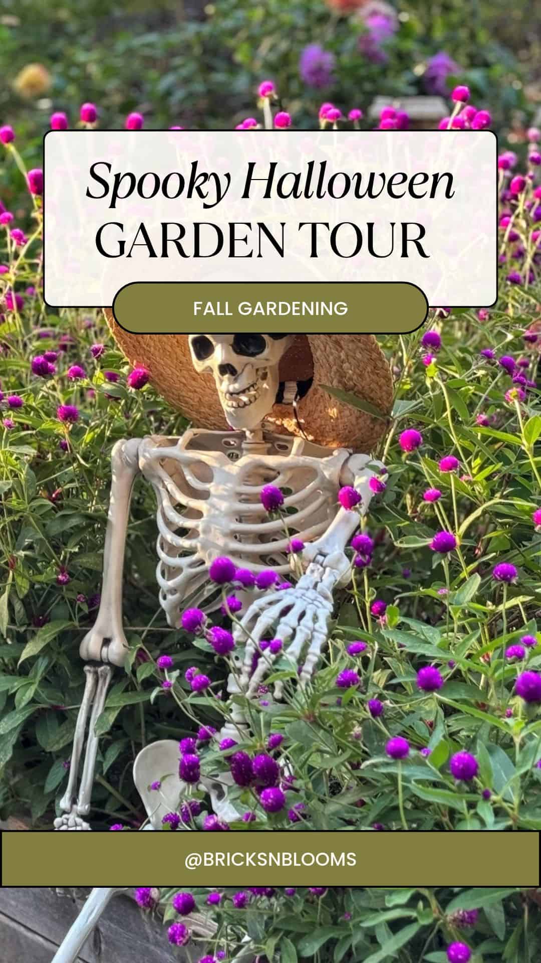 A skeleton wearing a straw hat sits in a patch of globe amaranth flowers, with text overlay reading “Spooky Halloween GARDEN TOUR” and “FALL GARDENING.”