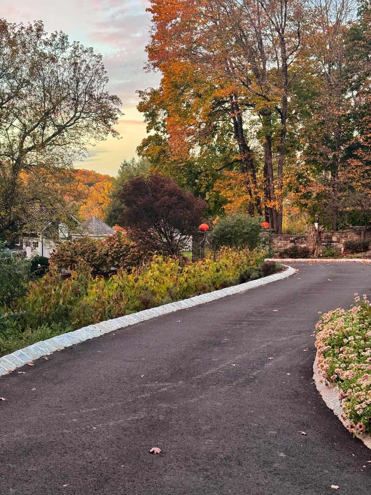 A curved driveway winds through a garden with autumn foliage and two orange pumpkins on a stone wall.